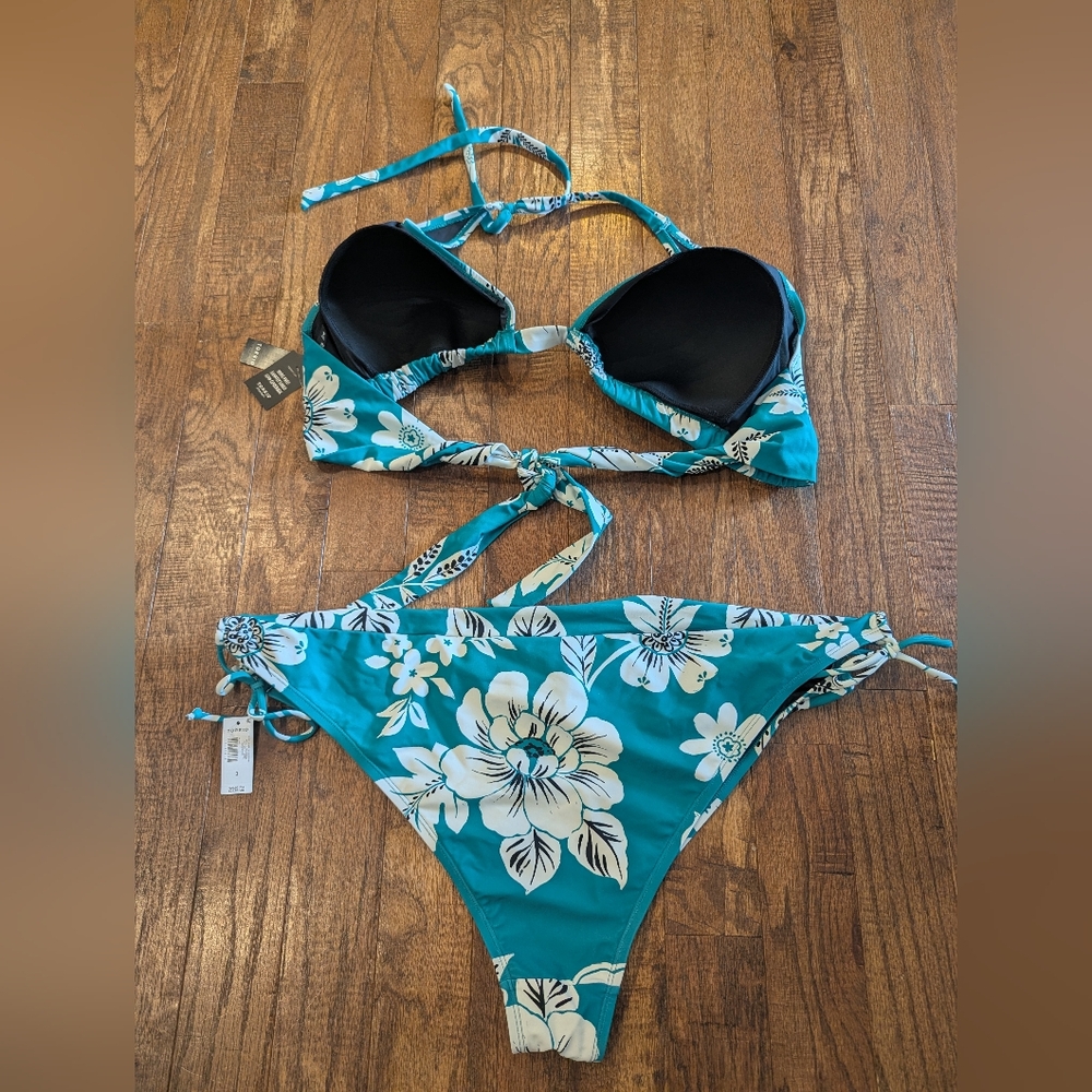 Torrid String Bikini Tie Side Cheeky Bottom 4x & Wire Free Halter 3x Floral Teal - Picture 10 of 15